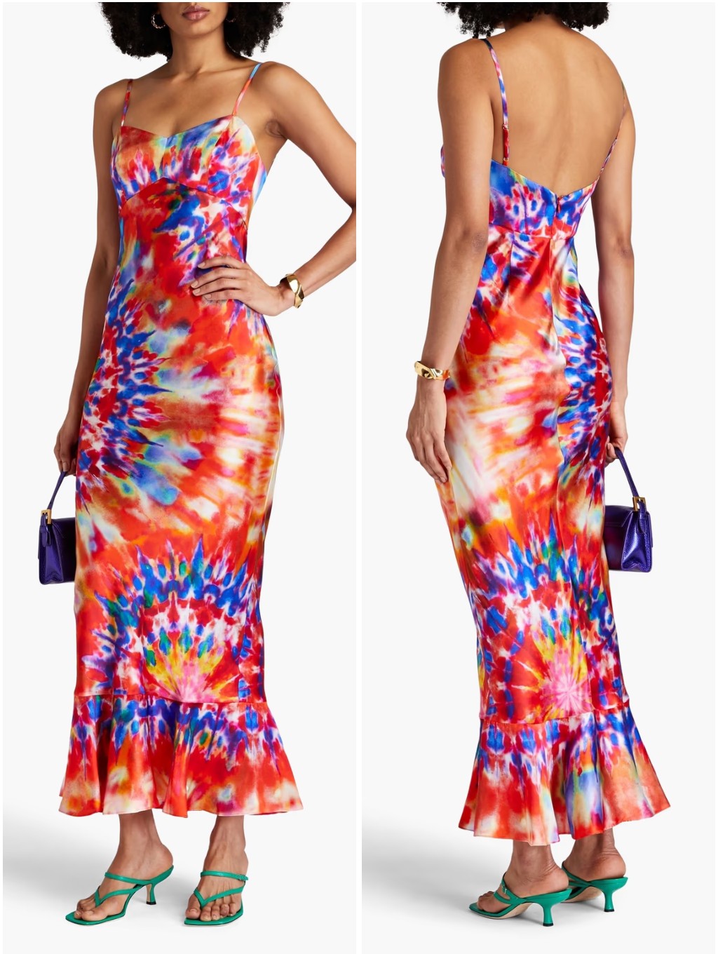 Saloni Mimi Tie Dyed Silk Satin Midi Dress 4 Nwt New